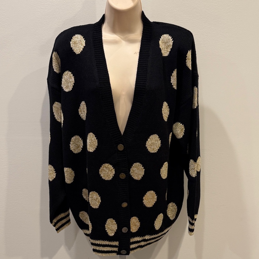 Vintage Intl Sportswear Womens Plus 20W Polka Dot Cardigan Black Gold Y2K